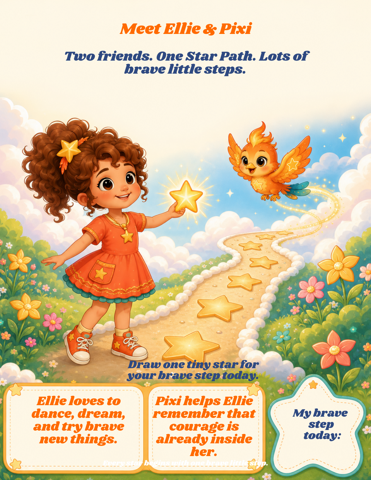 Ellie and Pixi activity book sample page with story intro and courage star path