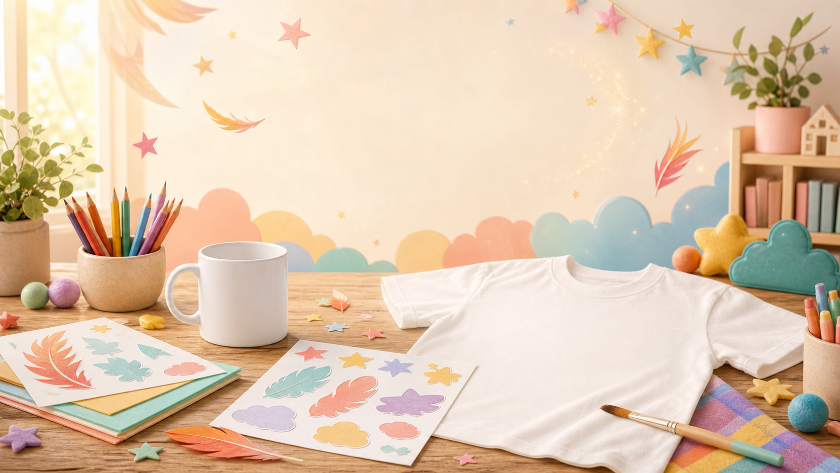 Playful kids merch studio with blank shirt, mug, stickers, and art supplies