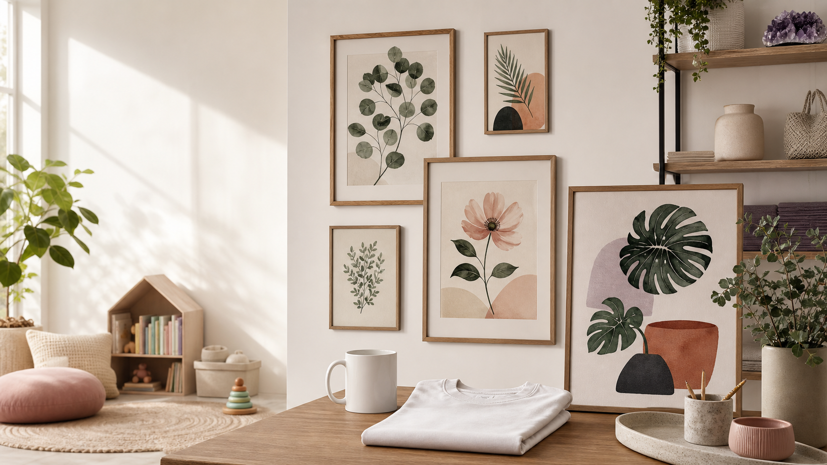 Framed botanical wall art with blank merch mockups in a warm studio