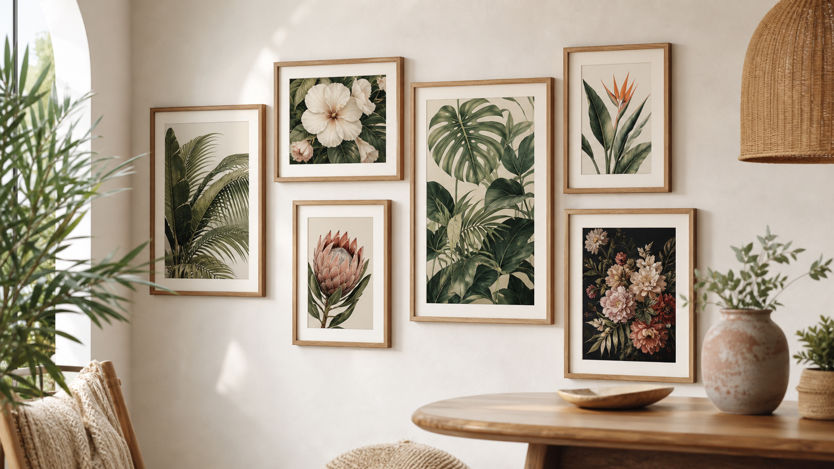 Gallery wall of framed botanical and floral wall art prints